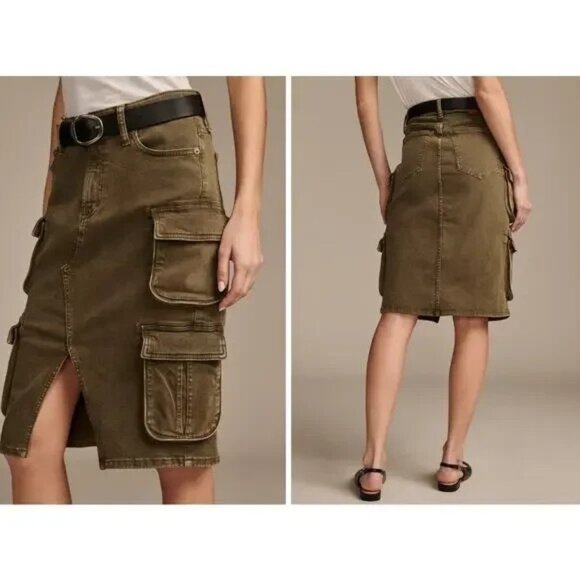 Lucky Brand Olive Green Cargo Pencil Skirt 00/24 Utility Pockets New Front Slit - Picture 1 of 8